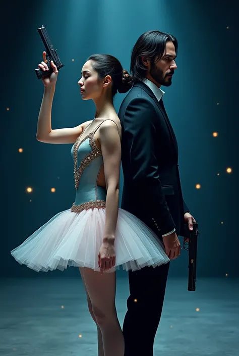 Create a poster for the movie "BALLERINA: A JOHN WICK Story" with Keanu Reeves, Ana de Armas.The movie title "BALLERINA" is written in large capital letters, placed at the top of the poster, with a simple, clear, white font. Below the movie title, there is...