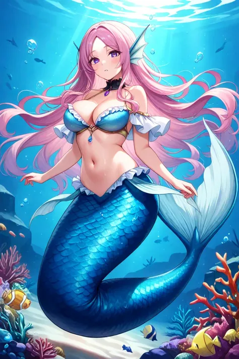 masterpiece, best quality, amazing quality, 1girl, air bubble, bare shoulders, black collar, blush, breasts, bubble, collar, fins, full body, head fins, large breasts, long hair, looking at viewer, mermaid, monster girl, multicolored hair, navel, parted ba...