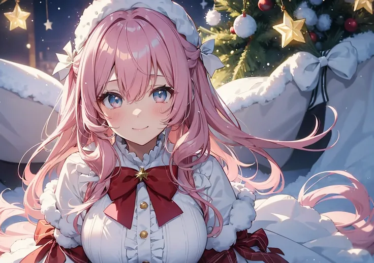 A dreamy Christmas girl with pastel pink hair styled in soft waves, wearing a snow-white dress with fluffy layers, adorned with holly and red bows. Her eyes sparkle with festive joy as she beams a bright, cheerful smile. In the background, a sparkling Chri...