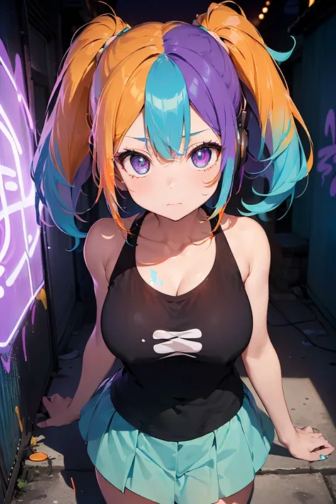 ( miniskirt), ( tank top), anime girl with headphones , cowboy shot, (Big Breasts:1.3), ((  perfect eyes , レインボーは超  Detailsなラベンダーの目を輝かせます:1.1,  Gradient Eyes :1, Beautiful   Details eyes:1,  symmetrical eyes:1,  big eye highlights :1.2)), (Crow pose ), , 性...