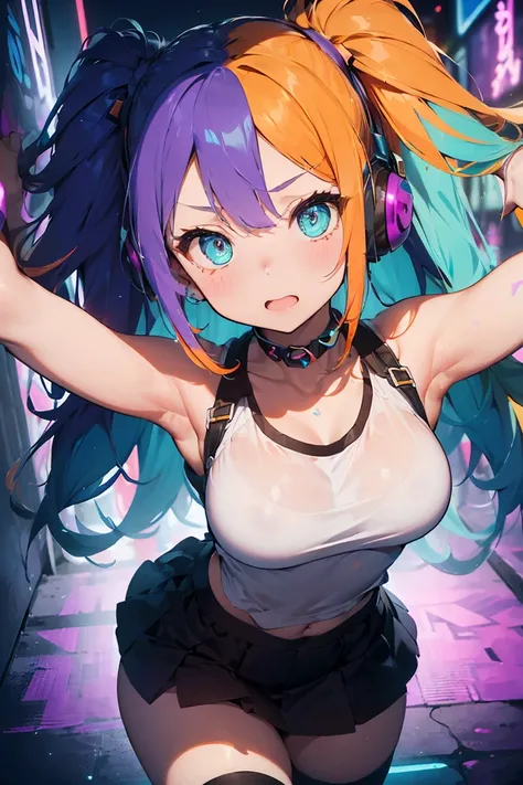 ( miniskirt), ( tank top), anime girl with headphones , cowboy shot, (Big Breasts:1.3), ((  perfect eyes , レインボーは超  Detailsなラベンダーの目を輝かせます:1.1,  Gradient Eyes :1, Beautiful   Details eyes:1,  symmetrical eyes:1,  big eye highlights :1.2)), (Crow pose ), , 性...