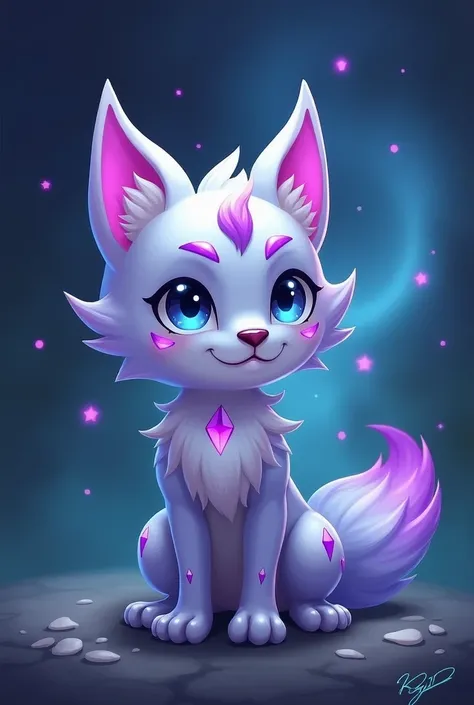  Kwami from Ladybug  
**name:** Lulette 
**animal:** greedy
**COLORS:**  A beautiful gradient that goes from deep blue to brilliant silver ,  with purple flashes on her fur .
**can:** **lunar light**,  can create shiny shields and reflect light to dazzle e...