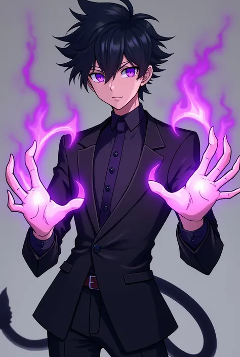 Young man in black blazer with black tail and purple electric claws anime style black hair with purple eyes 