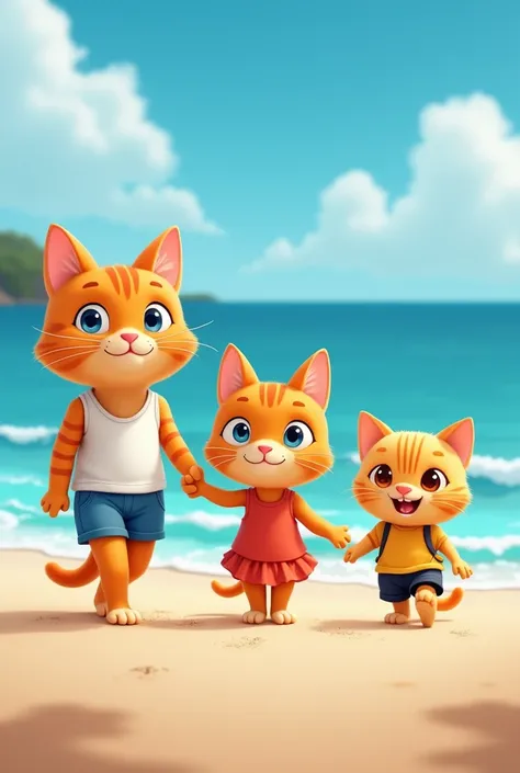 Happy at the beach with an orange cat in a white vest and blue shorts, an orange cat mother in a red dress, and an orange kitten in a yellow vest and black short Happy stroll on the beach with a striped orange kitten 