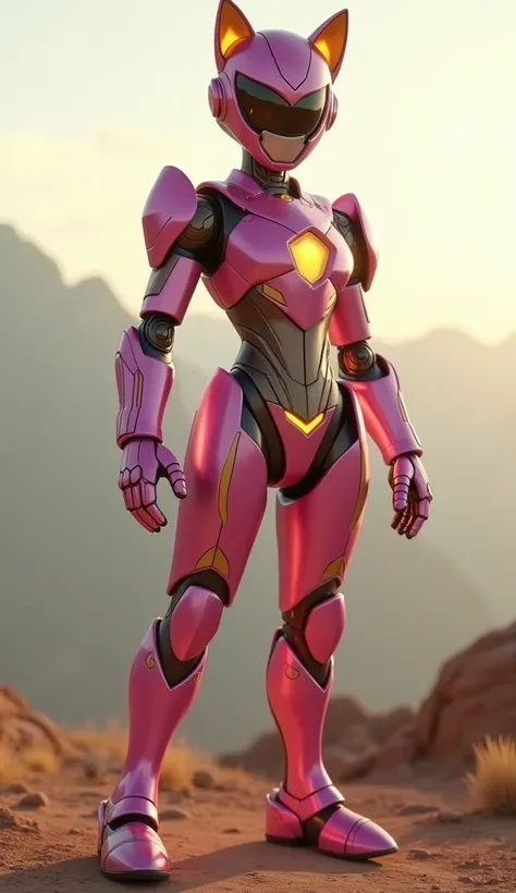 Hyper-realistic cinematic image of a humanoid hybrid power rangers robot created from a mix of the Pink Power Ranger and a cute dog. The character features sleek metallic armor in pink and brown, with soft glowing yellow accents. This hybrid combines dog-i...