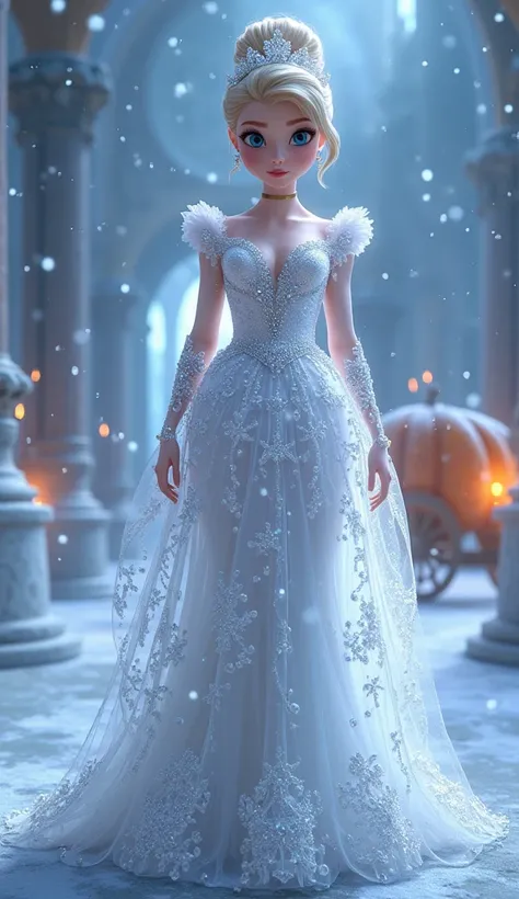  The fairy-tale character Cinderella has beautiful face ,  extravagantly dressed to a party ,  white crystal long dress . Finished hairdo ,  wearing a headband .  The castle background next to the pumpkin shaped chariot is all crystal.  Heavy snowfall ,  d...