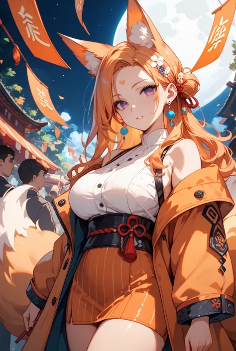 Kitsune semi-human woman , orange coat with white details ,  fox ears , fluffy tail, purple eyes,  several orange stripes on the body,  half-moon mark on the forehead ,  voluptuous body