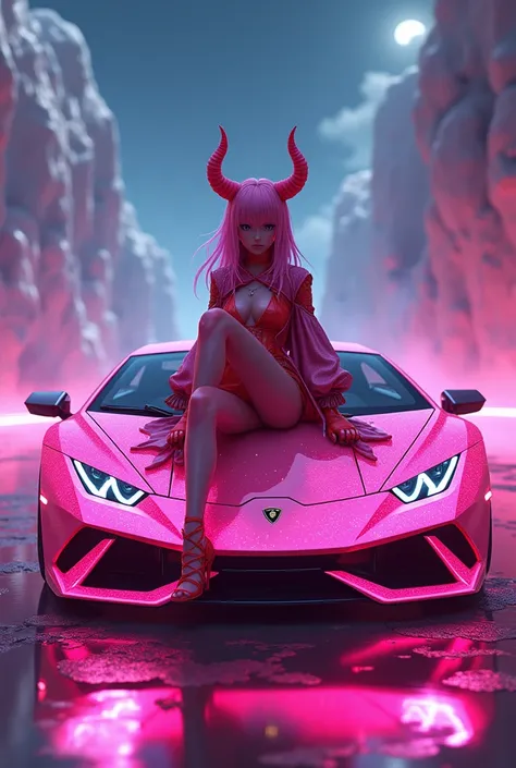 A zero two sitting atop a phosphorescent pink Lamborghini bat 