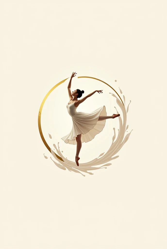 Generate a logo of a ballerina in a long white dress, her one leg  must be in the air in 90 degrees and arm must be in the air, like she is dancing. The colors must be light beige and gold. The dress must look like water splash. The logo must be in a round...