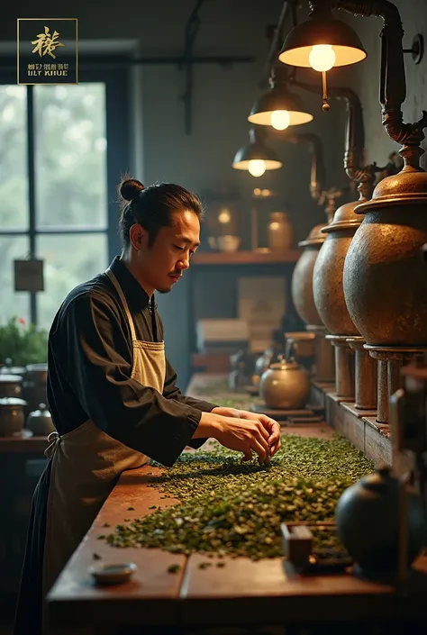  a man producting premium oolong tea  in the Oolong tea factory, Includes tea production equipment around,  the background is brand Ly Khue Tea