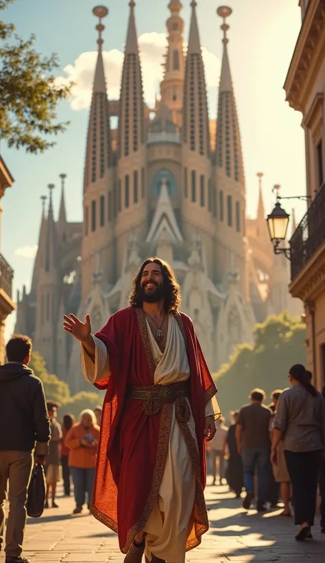 "Create a super realistic image of Jesus Christ, looking beautiful and stylish, walking majestically near the Sagrada Família in Barcelona, Spain. He has a joyful and excited expression, marveling at the intricate, otherworldly architecture of the basilica...