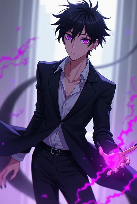 Young man in black blazer with black tail with purple electric claws anime style black hair and purple eyes 