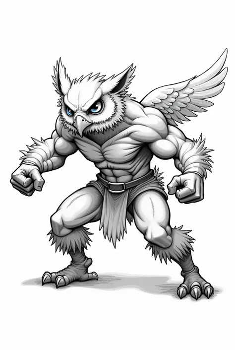  creates a hybrid character between an animal and a person, That he has a crouched fighting pose,That the animal is an owl and that the person is a man,  that it is a line drawing on a white background 
