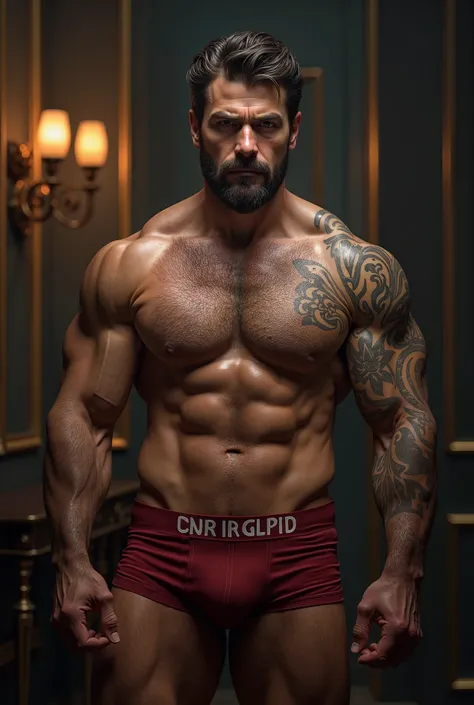 Hot Male, sexy, Italian, mafia boss, 35 years old, he is a hard dominator, very hairy, no shirt, in boxershorts