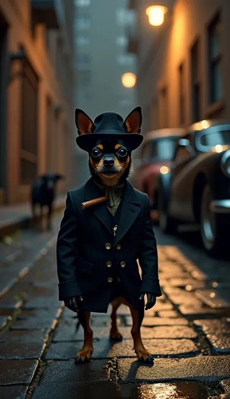 A small but menacing Chihuahua dressed in a perfectly tailored black mafia suit, complete with a shiny fedora and a cigar hanging from its mouth. Despite its small size, the Chihuahua exudes a powerful and intimidating presence, standing confidently in the...