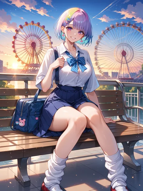 score_9, score_8_ up, score_7_ up,  Source_Anime,
 surreal, 
 One girl , kpop idol,  short hair ,Shiny Hair,White Hughes ,Clear morning ,amusement park,In front of the Ferris wheel,The ferris wheel in the background １Tsunomi ,Particles of light,Lots of clo...