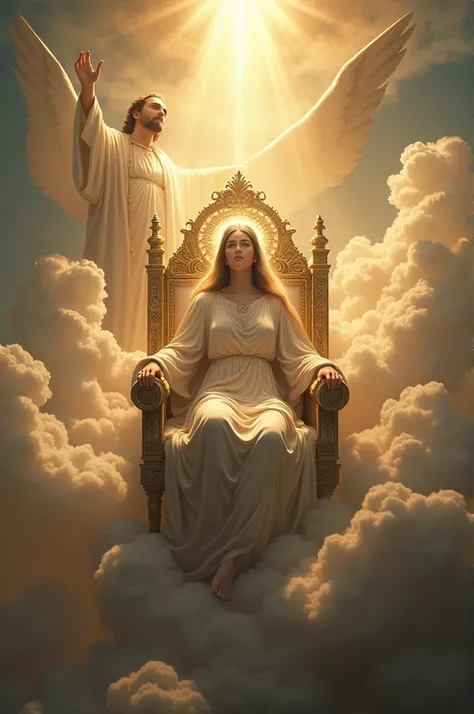 Naked Virgin Mary with halo seated on a throne among clouds and God the Father crowning her.