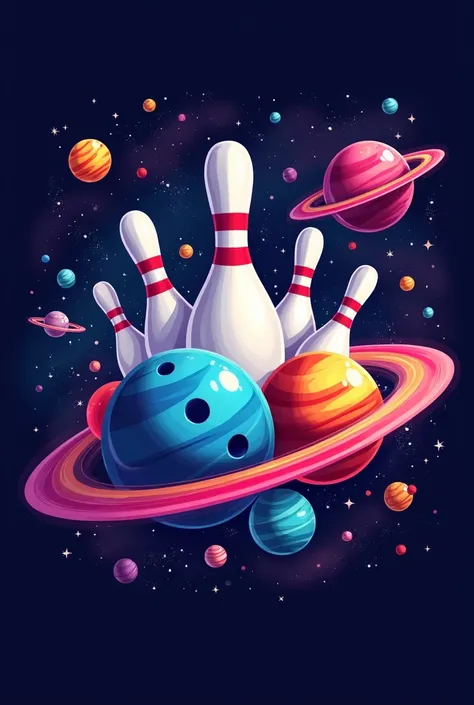 create a logo for a bowling alley inspired by space and galaxy. The bowling balls should be depicted as planets of various colors