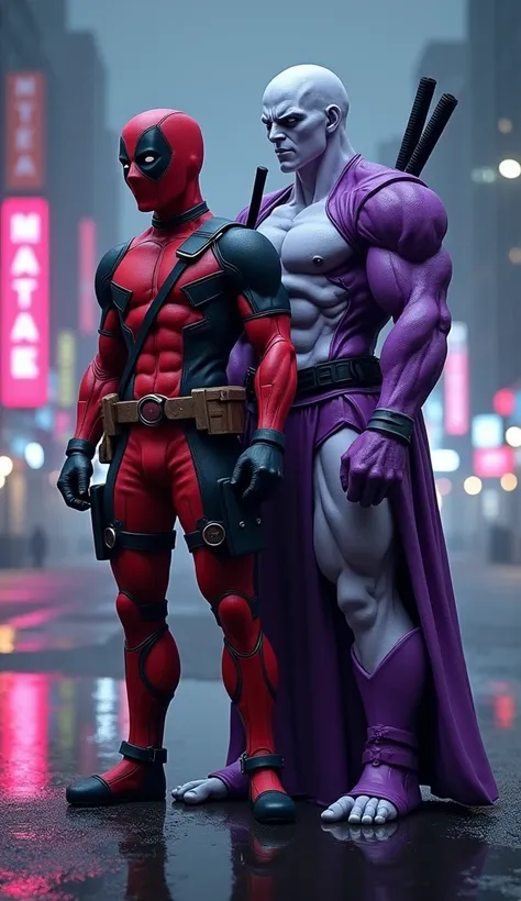 Create an ultra-realistic image of a hybrid fusion between Freeza from Dragon Ball and Deadpool from Marvel, standing side by side in a dark, futuristic cityscape at night. The character has the sleek, intimidating physique of Freeza’s final form, with his...