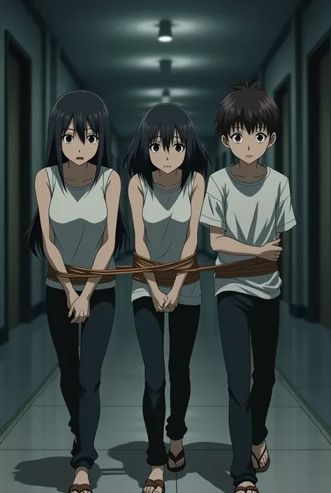  a 40-year-old woman , a 17-year-old girl and a 14-year-old boy,tied,  With the hands behind the back , anime,  sleeveless shirt, The black pants ,  embarrassed  , Captured, walking