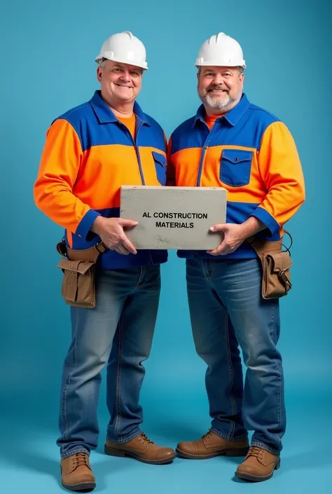 Create an image of two twin masons holding a cement block .  these bricklayers are a bit chubby and bald and need to be wearing jeans and a blue and orange blouse as a uniform written AL CONSTRUCTION MATERIALS on the blouse with a blue background 