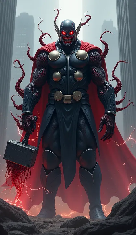 Create an image that Thor fusion with Carnage into one body, looks scary, villain, super cool, epic, legendary, powerful, hammer is weapon, city scene