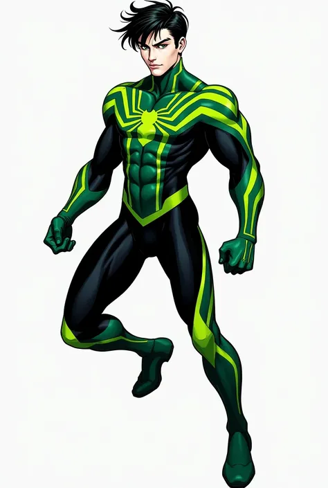  Black-haired male with green eyes white skin in black and green Spiderman costume. Comic-style drawing  