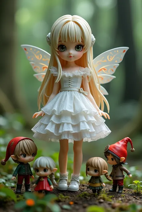 Nendoroid doll wearing frilly white gothic dress, surrounded by forest fairies and dwarves, 