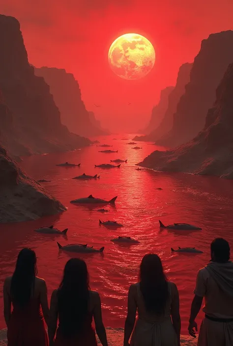 " A wide, flowing river transformed into blood ,  with dead fish floating on the surface , under a reddish sky ,  as horrified Egyptians watch from the shores."