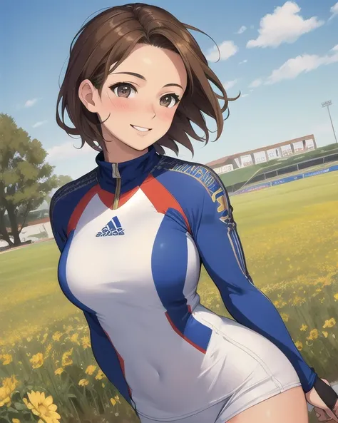 Best quality, masterpiece, high resolution, detailed, fine lines, beautiful, 24 year old woman, 1 person, brown hair, short hair, big brown eyes, bright eyes, smiling, blushing, athlete, field, sunny day, cowboy shot