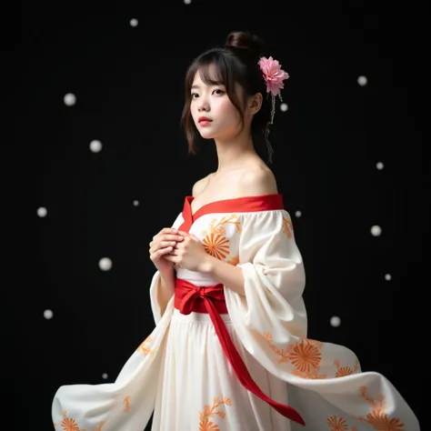 A masterpiece,8k photo,The image is a portrait of a young woman wearing a traditional Japanese kimono. She is standing in front of a black background with small white dots scattered across it. The woman has shoulder-length dark hair styled in a high ponyta...