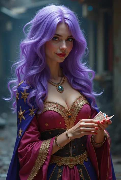 A young woman with an aura of mystery, wearing flamboyant clothing thats just a little too flashy for the occasion—bright, colorful silks with embroidered patterns of stars and moons. Her hair is a bright, unnatural color—perhaps a deep violet with silver ...