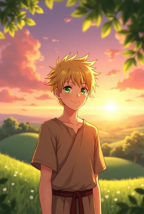 "A young man in anime style with short blonde hair and bright green eyes, standing in a pastoral landscape at sunset. He is smiling warmly and wearing a simple brown tunic with a belt. The background features green farmlands, rolling hills, and distant tre...