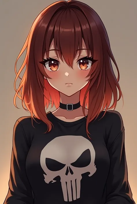  creates a feminine avatar of an anime-style gamer girl,  make the character have dark copper hair ,  that at the tips has a slightly lighter copper color , Wearing a black blouse with a skull print ,  and that her face has thick eyebrows and that her eye ...