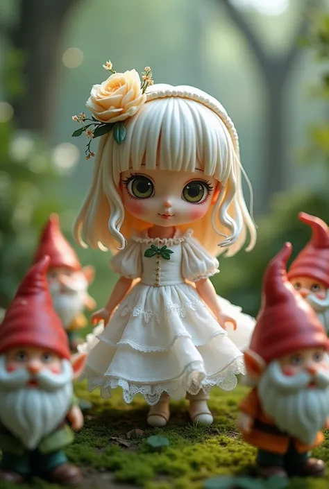 cute smile, Nendoroid doll wearing frilly white gothic dress, surrounded by forest fairies and dwarves, professional and perfect composition, extremely delicate depiction, extremely clear image, effective effects, bold and dynamic, contrasts of light and s...