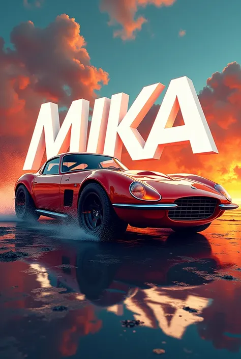  Create a logo with bright letters for a company that has the initials MKA with a vehicle, sports car with rustic tires ,  as the central object and use the word Makrocars 
with bright white colors in 3d  