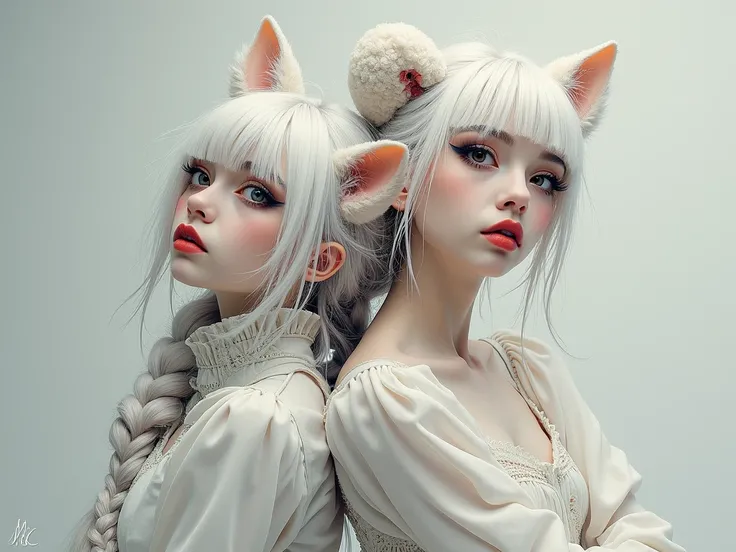 a delicate painterly superfine pastel ink of a mischievous woman with messy white hair leaning her back against a friendly pretty alpaga with a messy braid, bangs, wearing white gothic clothing, in a whimsical and surreal art style with dramatic lighting e...