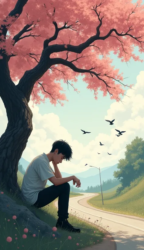 A young man sitting sadly under a peach tree and passing a road on one side and there are a lot of birds flying 