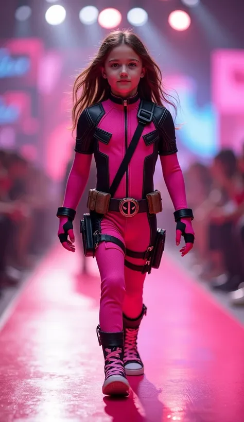 A daughter. brown hair, wearing a pink Deadpool costume without a mask,  is walking on the stage of a fashion show with bright lighting. full body