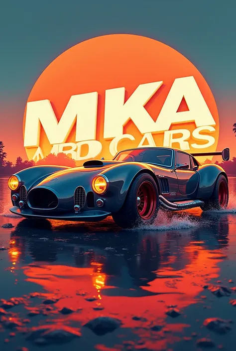  Create a logo with bright letters for a company that has the initials MKA with a vehicle, sports car with rustic tires ,  as the central object and use the word Makrocars 
with bright white colors in 3d  