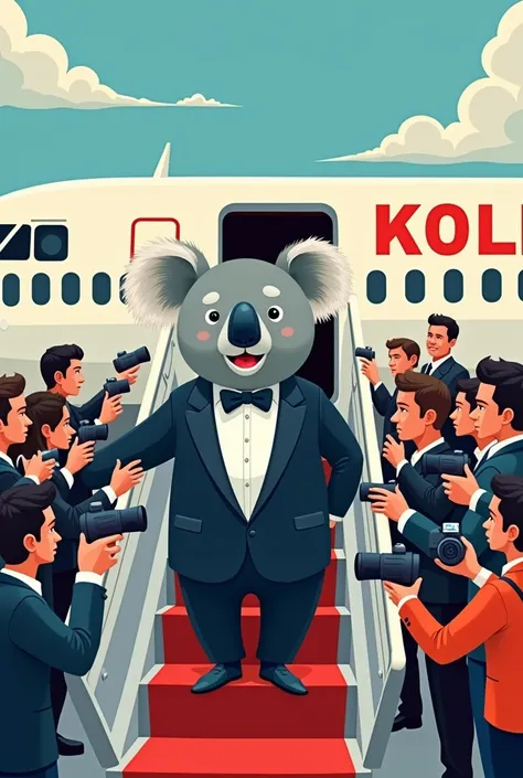 A image cartoon koala get off the plane stairs use tuxedo & many journalists with big words $KOLLY on plane