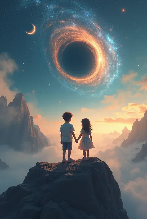 A boy and a girl holding . hands on the mountain of a planet and in the admonfesra in the distance a galaxy and next to it a black hole 