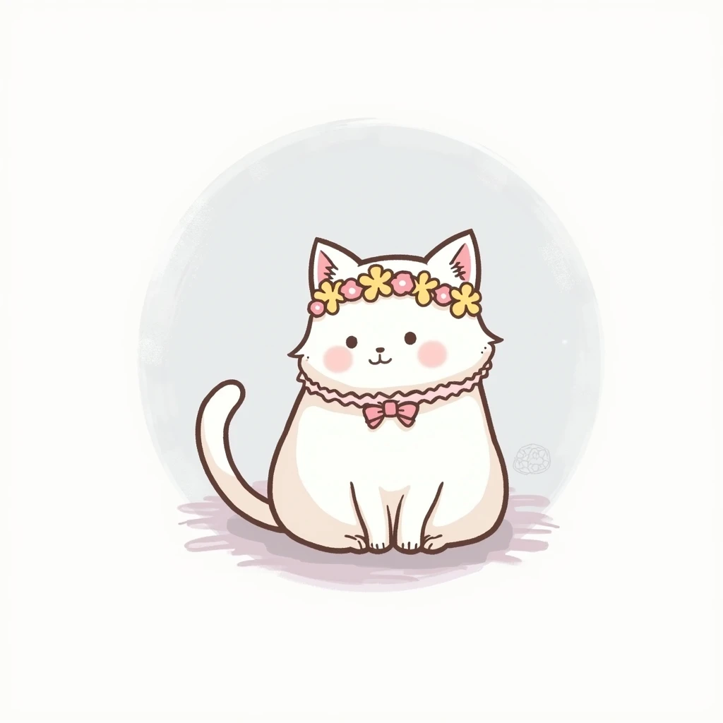 A cartoon cat, positioned in the center of a circular image, is adorned with a delicate, flower-like headpiece of pastel pinks and light yellows.  The cat is white with simple, soft, round features.  Its ears are pointed, and it has small, dark brown eyes ...