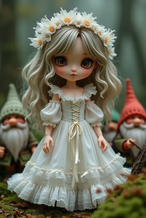 cute smile, Nendoroid doll wearing frilly white gothic dress, surrounded by forest fairies and dwarves, professional and perfect composition, extremely delicate depiction, extremely clear image, effective effects, bold and dynamic, contrasts of light and s...