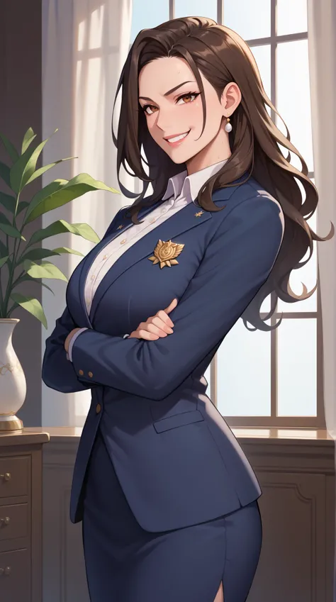 Elegant and mature woman,long hair, black or dark brown hair, deep and intelligent gaze, expression combining wisdom and authority, graceful yet slightly cold smile, uniform-style suit or professional attire, upright posture, school background or office se...