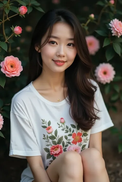  Beautiful Asian young age woman wearing white t-shirt floral pattern sitting posing gracefully and attractively facing the camera soft and cool smile, very dark background with flowers flowers and trees around it . 