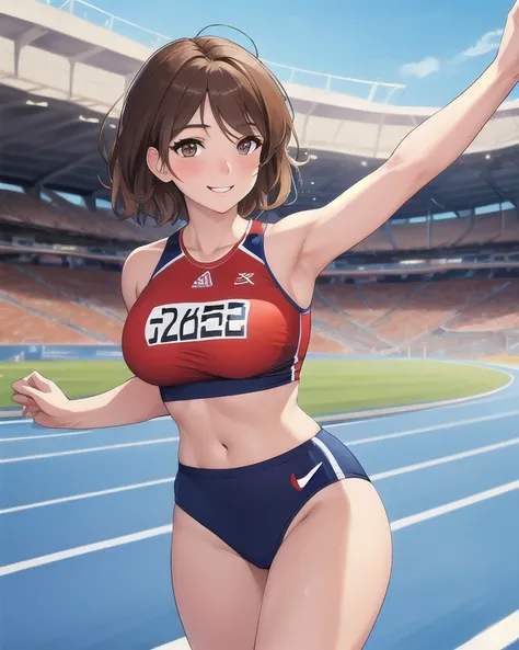 Best quality, masterpiece, high resolution, detailed, fine lines, beautiful, 24 year old woman, 1 person, brown hair, short hair, big brown eyes, sparkling eyes, smiling, blushing, athlete, sprinting, athletics stadium, , , cowboy shot