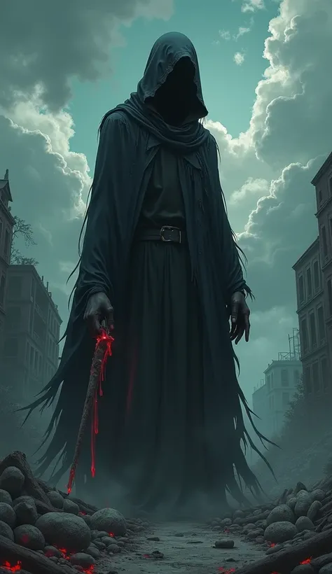 "Create an anime-style artwork featuring a tall, ominous figure shrouded in darkness, standing in a post-apocalyptic landscape. The figure is cloaked in tattered, shadowy robes, with one hand holding a dripping, blood-red object. The background should incl...