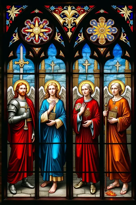 Late Gothic stained glass window :
Archangel Michael and the Raised Sword and Armour
Archangel Gabriel and lilies
Archangel Raphael and walking stick
Archangel Uriel and book and fire