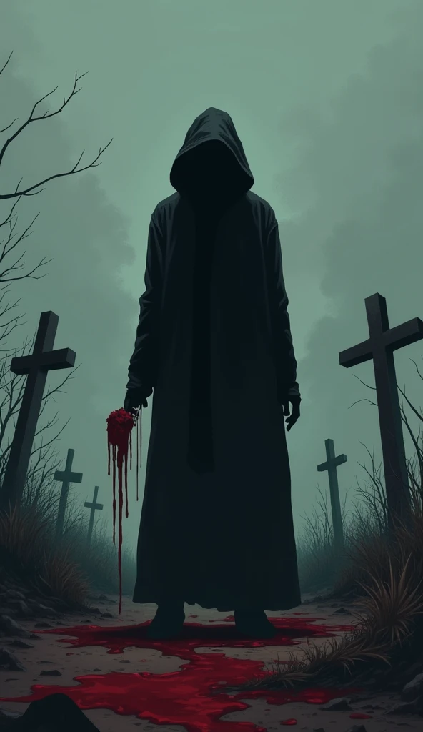 "Create an anime-style illustration of a mysterious, shadowy figure standing in a desolate, abandoned landscape, cloaked in darkness. The figure should be holding a blood-dripping object, adding an element of horror. Use muted, dark colors with splashes of...